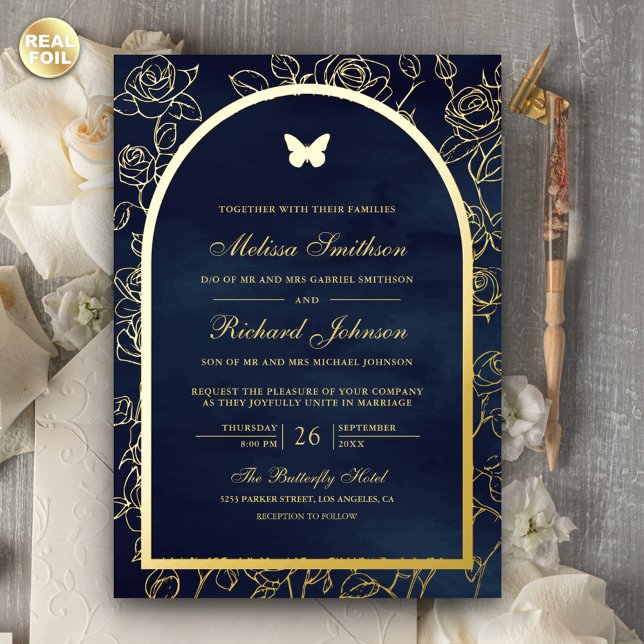 Invitation En Aluminium Marine Blue Line Art Arch Papillon Mariage Or (Créateur téléchargé)