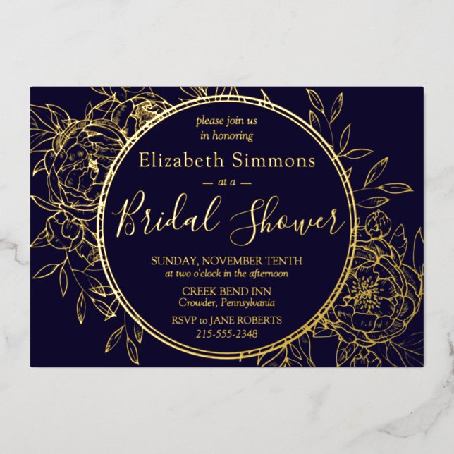 Invitation En Aluminium Marine Blue Modern Line Peony Toile Fête des marié (Recto)