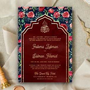 Invitation En Aluminium Marine Blue Red Roses Floral Musulman Mariage Or