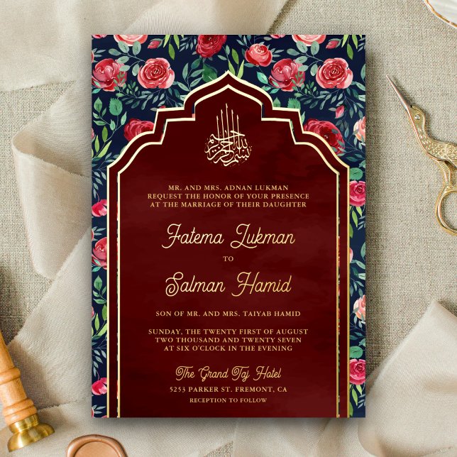 Invitation En Aluminium Marine Blue Red Roses Floral Musulman Mariage Or (Créateur téléchargé)