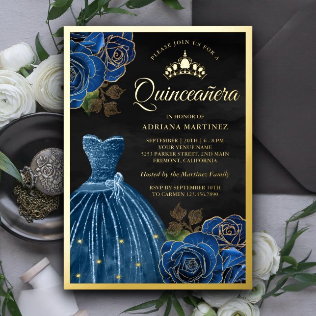 Invitation En Aluminium Marine Blue Roses Gown Black Quinceanera Gold (Créateur téléchargé)