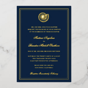 Invitation En Aluminium Marine Blue Seashell Beach Gold