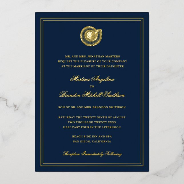 Invitation En Aluminium Marine Blue Seashell Beach Gold (Recto)