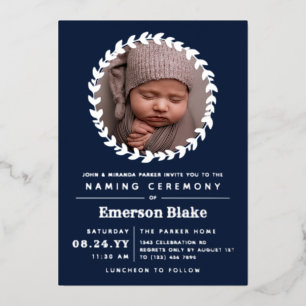 Invitation En Aluminium Marine Blue Silver Wreath Baby Photo Cérémonie de