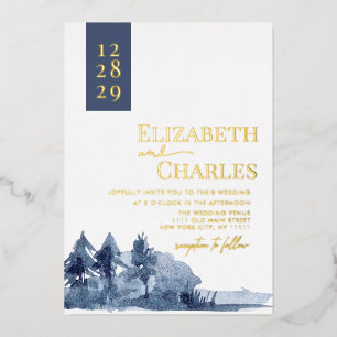 Invitation En Aluminium Marine Blue Trees Mountain Mariage d'hiver