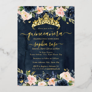 Invitation En Aluminium Marine Blush Floral Golden Butterfly Quinceanera
