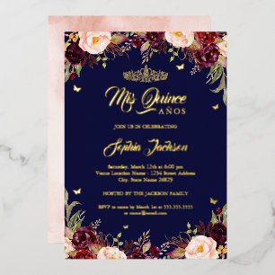 Invitation En Aluminium Marine Burgundy Mis Quince Floral Quinceanera