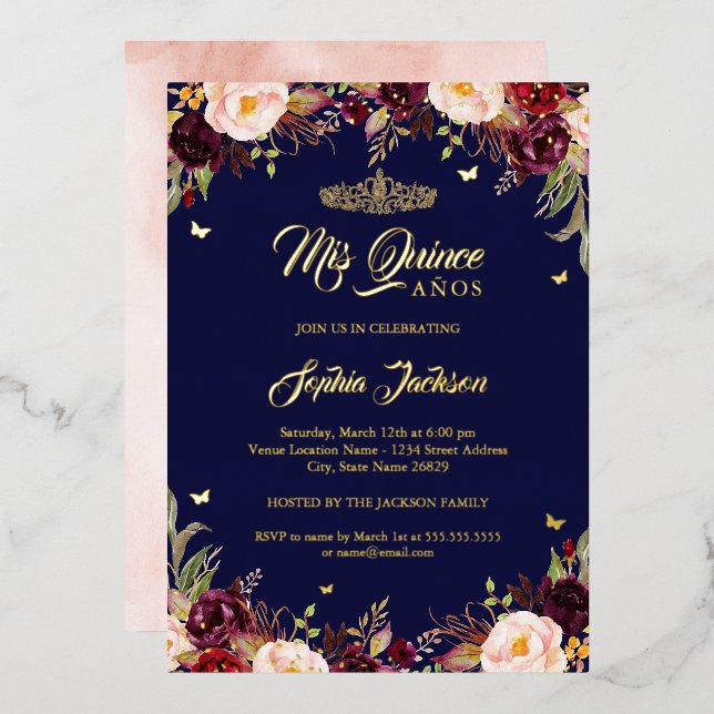 Invitation En Aluminium Marine Burgundy Mis Quince Floral Quinceanera (Recto/Verso)
