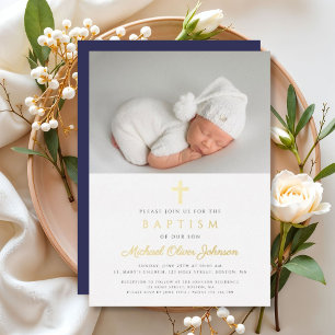 Invitation En Aluminium Marine Croix Bleue Boy Photo Baptême Or