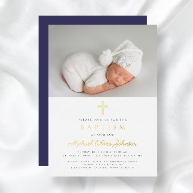 Invitation En Aluminium Marine Croix Bleue Boy Photo Baptême Or (Navy Blue Cross Boy Photo Baptism Gold Foil Invitation)