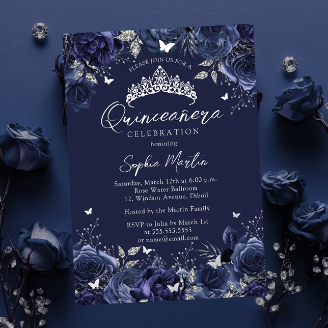 Invitation En Aluminium Marine Enchantant le papillon floral Quinceanera (Créateur téléchargé)
