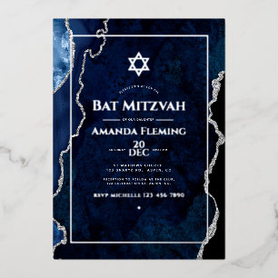 Invitation En Aluminium Marine et Argent Faux Agate Photo Bat mitzvah