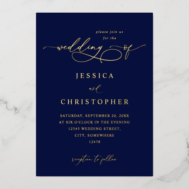 Invitation En Aluminium Marine et or Moderne Calligraphie 3 Mariage (Recto)