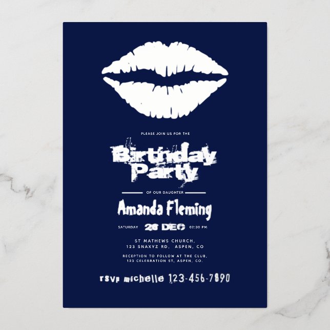 Invitation En Aluminium Marine et Silver Birthday Kiss Lips (Recto)