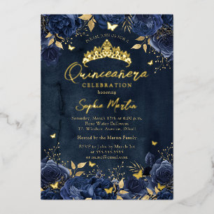Invitation En Aluminium Marine Gold Enchantant Floral Butterfly Quinceaner