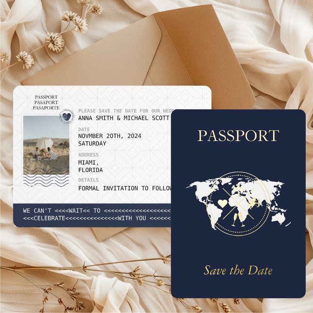 Invitation En Aluminium Marine Gold Passport Destination Photo Enregistrer (Passport Save the Date with Photo Navy Blue & Gold Foil Destination Wedding Boarding Pass)