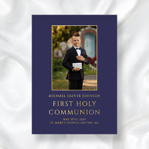 Invitation En Aluminium Marine moderne Blue Photo Boy First Communion Gold