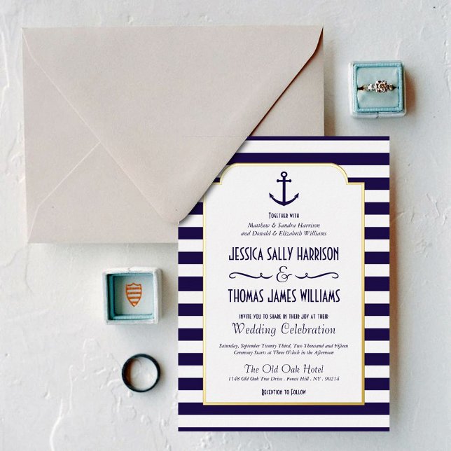 Invitation En Aluminium Marine nautique et White Stripe Ancre Mariage Real (Créateur téléchargé)