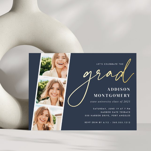 Invitation En Aluminium Marine | Photo Strip Graduation Party Gold (Créateur téléchargé)