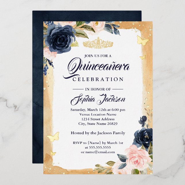 Invitation En Aluminium Marine Quinceanera Floral Gold Sparkle Tiara (Recto/Verso)
