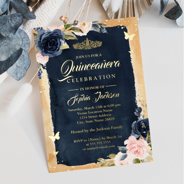 Invitation En Aluminium Marine Quinceanera Floral Sparkle Gold Tiara (Créateur téléchargé)