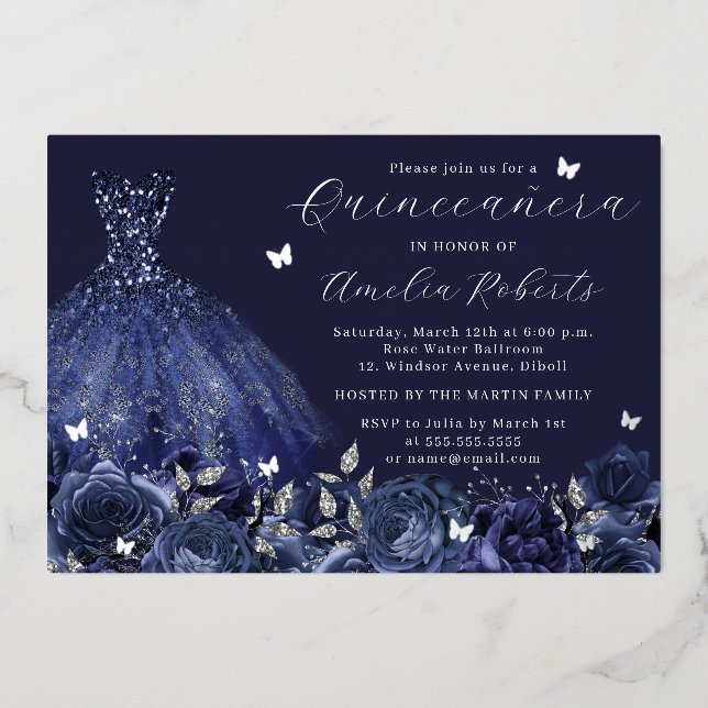 Invitation En Aluminium Marine Robe Papillon argenté Floral (Recto)