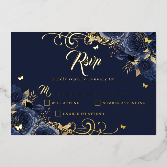 Invitation En Aluminium Marine Rose Floral Gold Swirl Gold Quinceanera (Recto)