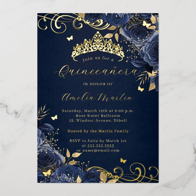 Invitation En Aluminium Marine Rose Floral Gold Swirl Quinceanera (Recto)