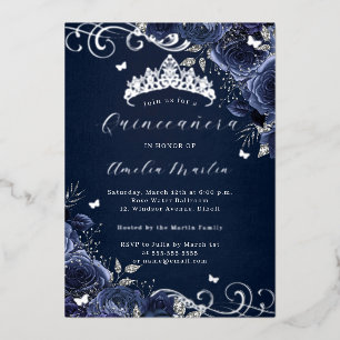 Invitation En Aluminium Marine Rose Floral Silver Swirl Quinceanera