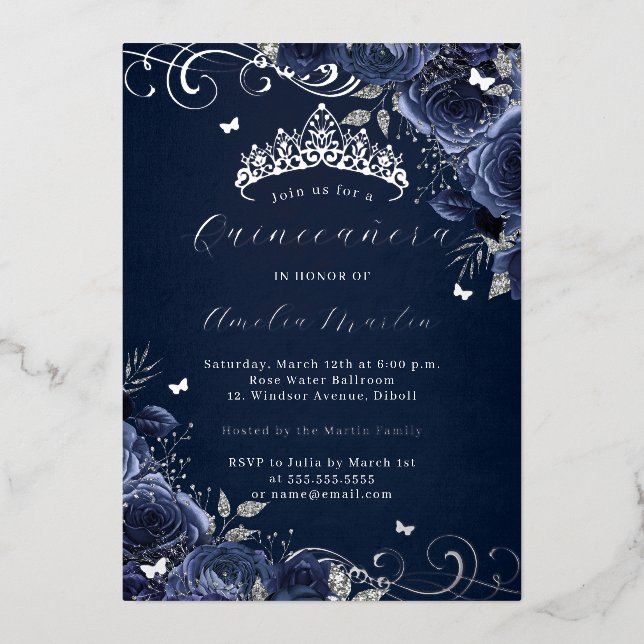 Invitation En Aluminium Marine Rose Floral Silver Swirl Quinceanera (Recto)