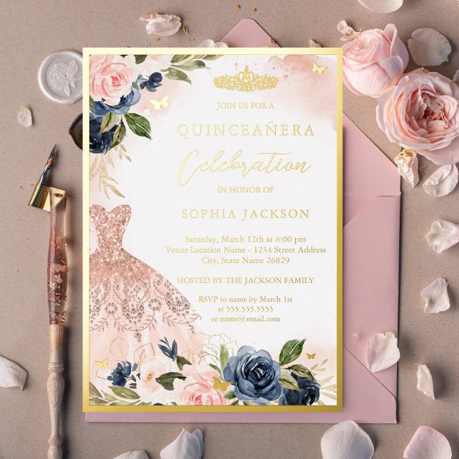 Invitation En Aluminium Marine Rose Floral Tiara Robe Élégante Quinceanera (Créateur téléchargé)