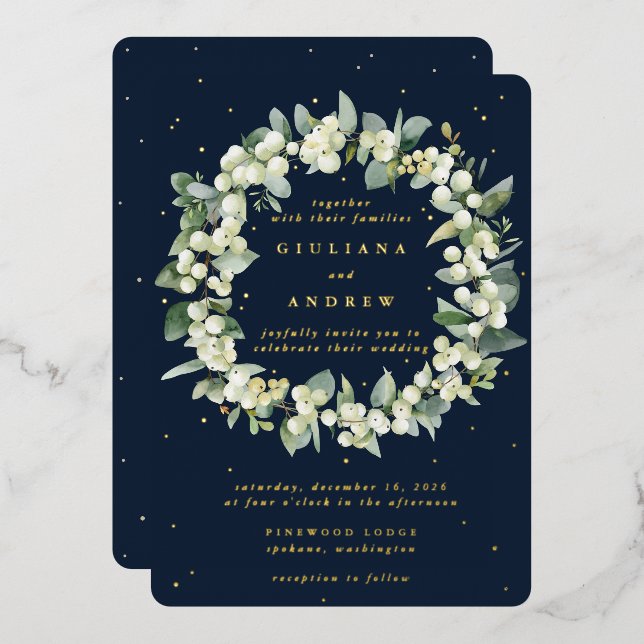 Invitation En Aluminium Marine Snowberry+Eucalyptus Wreath d'hiver Mariage (Recto/Verso)