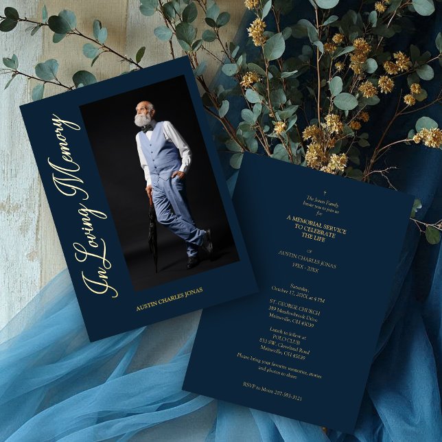 Invitation En Aluminium Marine traditionnelle & Elégante Véritable Photo d (Navy Traditional & Elegant Golden Photo Funeral Dear Ones Real Metallic Foil Invitations.)