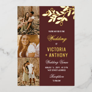 Invitation En Aluminium Maroon Gold Berry Twig 3 Photos Mariage
