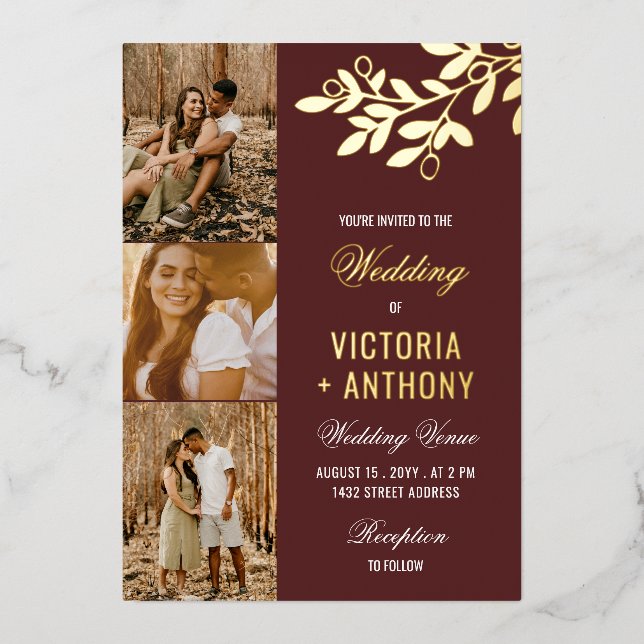 Invitation En Aluminium Maroon Gold Berry Twig 3 Photos Mariage (Recto)