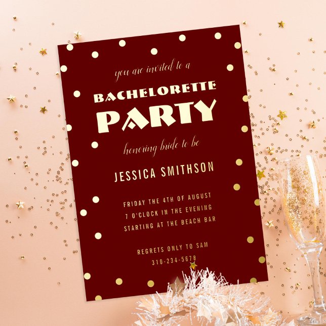 Invitation En Aluminium Maroon Gold Foil Confetti Bachelorette Party (Créateur téléchargé)