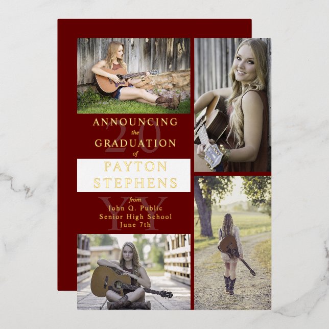 Invitation En Aluminium Maroon photo moderne classique | White Graduation  (Recto/Verso)