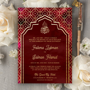 Invitation En Aluminium Maroon Rouge Marocain Arc Musulman Mariage Or