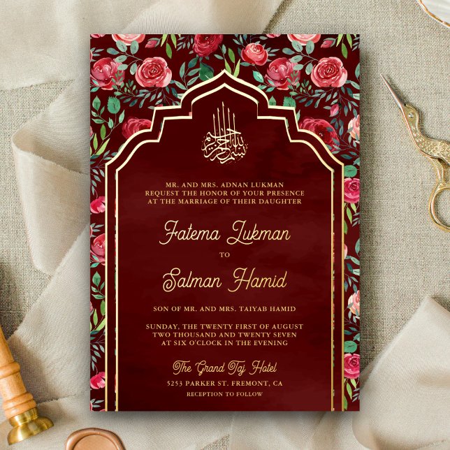 Invitation En Aluminium Maroon Rouge Roses Floral Musulman Mariage Or (Créateur téléchargé)