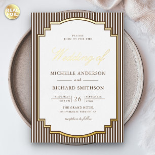 Invitation En Aluminium Marron Chocolat Rayé Photo Mariage Or