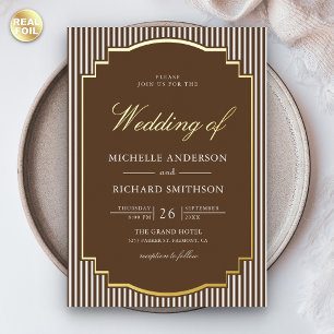 Invitation En Aluminium Marron Chocolat Rayé Photo Mariage Or