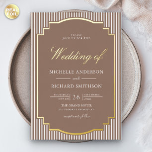 Invitation En Aluminium Marron Mocca Classique Rayé Photo Mariage Or
