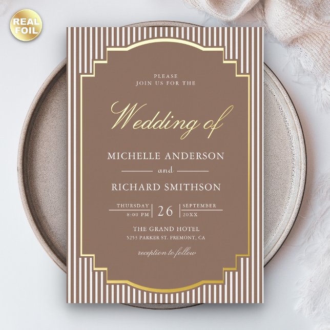 Invitation En Aluminium Marron Mocca Classique Rayé Photo Mariage Or (Créateur téléchargé)