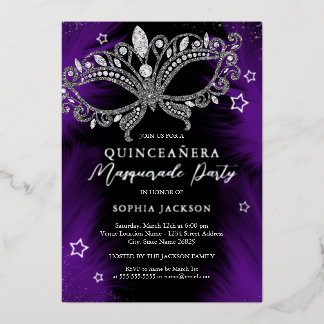 Invitation En Aluminium Mascarade d'argent violet Star Quinceanera