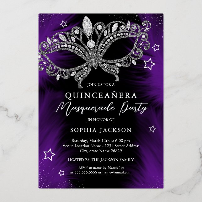Invitation En Aluminium Mascarade d'argent violet Star Quinceanera (Recto)