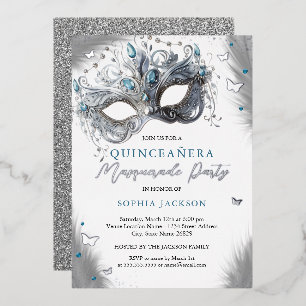 Invitation En Aluminium Mascarade en argent bleu papillon Quinceanera