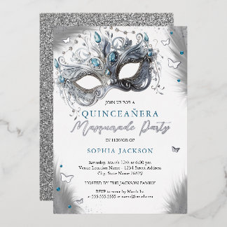 Invitation En Aluminium Mascarade en argent bleu papillon Quinceanera