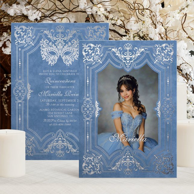 Invitation En Aluminium Mascarade en argent bleu photo Quinceanera (Créateur téléchargé)