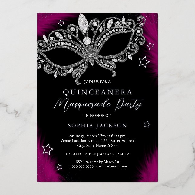 Invitation En Aluminium Mascarade en argent rose Star Quinceanera (Recto)