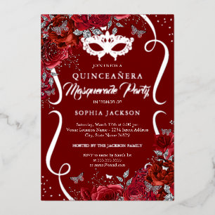 Invitation En Aluminium Mascarade florale en argent rouge Quinceanera